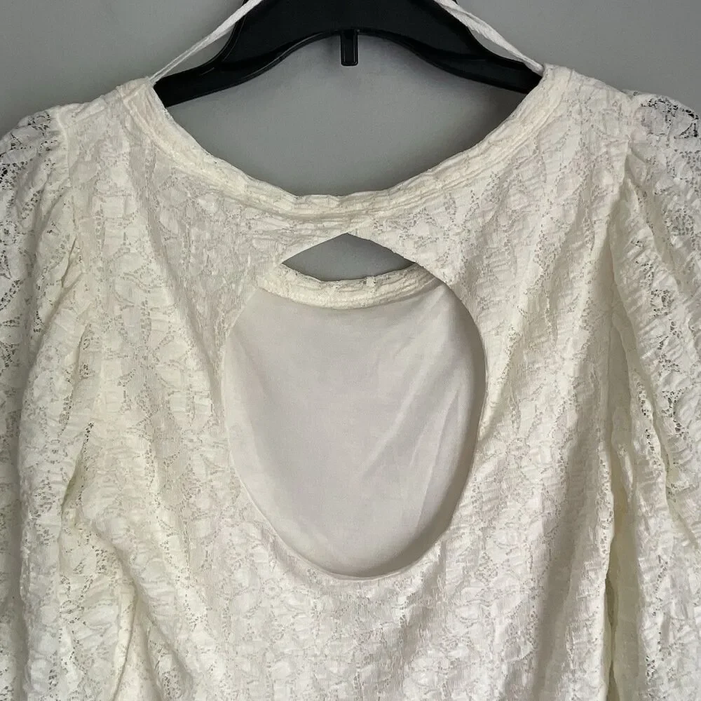 Free People Romantic Boho Shirt Size L Cream Long Puff Sleeve Floral Lace Crop